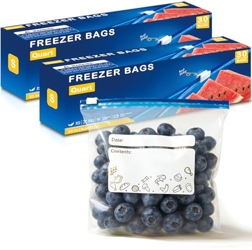 60 Pcs Ziplock Bags Food - Freezer Bags(1L) | Reusable Zip Lock Bags, BPA Free, Heavy Duty, for Sandwich, Fruits, Veggies, Meat, Snacks