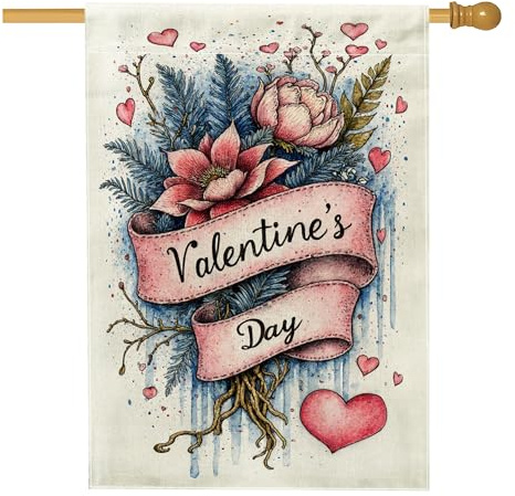 Rosenhaus-Flagge, romantisches Vintage-Herz-Banner, Valentinstag, Pfirsich-Jute, doppelseitige Veranda, dekorative Flaggen für Außenbereich, Terrasse, Rasen, Eingang, Campingplatz, 71,1 x 101,6 cm