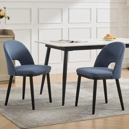 Garvee Ensemble De 2 Chaises De Salle à Manger, Dossier Semi-Circulaire Rembourré Et Pieds en Bois Massif, Bleu Lin. Chaises De Salon/Salle à Manger avec Dossier Ajouré