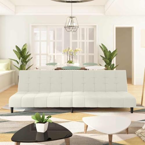 WDGJJFECNMUEHI Schlafsofa 2-Sitzer Creme Samt Bettsofa Klappsofa Gästebett mit 2-in-1 Funktion für Wohnzimmer und kleine Wohnungen, bequemes Samtsofa mit Holzrahmen