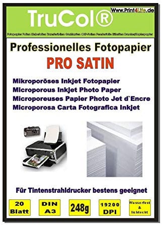 trucol 20 Blatt DIN A3 PRO Satin/glänzend seidenglänzend 248g /m² mikroporöses beschichtet Silk Inkjet Fotopapier schnelltrocknend wasserfest lichtecht Keramik beschichtet bis 19200 DPI bedruckbar