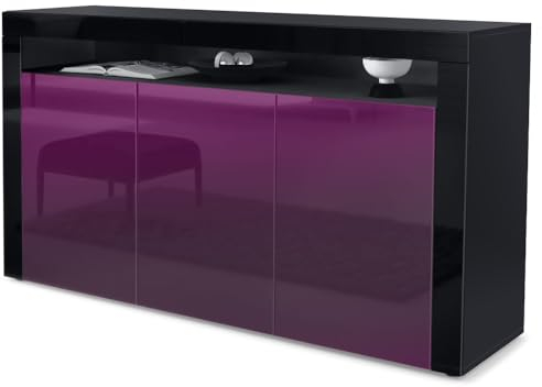 Vladon Sideboard Valencia, Made in Germany, Kommode mit 3 Türen und 1 offenem Fach, Schwarz matt/Brombeer Hochglanz/Schwarz Hochglanz (155 x 92 x 40 cm)