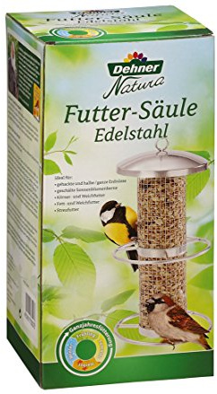 Dehner Natura Premium Wildvogel Futtersäule, Futterstation für Wildvögel, Futterstelle wetterfest / hängend, inkl. Sitzringe, ca. 27 x 6.5 x 6.5 cm, Edelstahl, silber