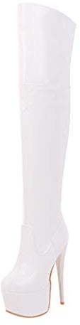 LUXMAX Donna Stivali Alti sopra al Ginocchio Plateau Tacco a Spillo Alto Vernice Scarpe con Il Tacco Altissimo con Cerniera (Bianco) - 41 EU