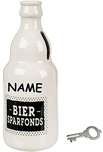 alles-meine.de GmbH große Spardose - Bier - Sparfonds - inkl. Name - mit Schlüssel und Schloss - stabile Sparbüchse - Bierflasche - aus Porzellan/Keramik - Verschluss - 18 cm -..