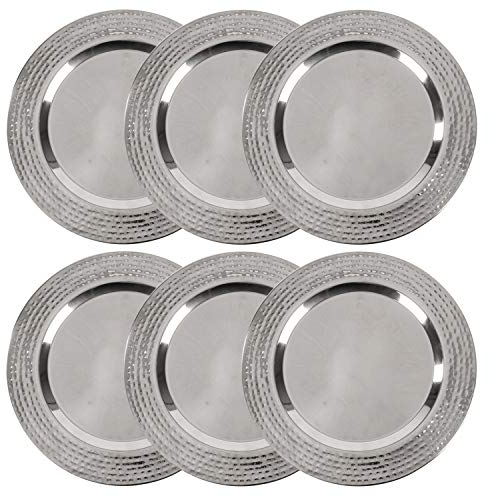 Colleta Home Stainless Charger Plate - 6 Pack - 13 inch Stainless Steel Chargers for Dinner Plates with Hammered Rim - Silver Charger Plates Set