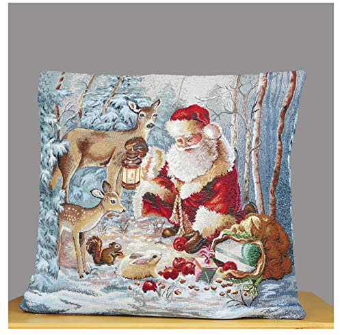 atelier alles-Spitze Weihnachtliche Gobelin-Kissenhülle Waldbescherung | Größe 45 x 45 cm | Strapazierfähiger Dekokissen Kissenbezug mit Reißverschluss | Weihnachtliche Idylle für Ihr Zuhause