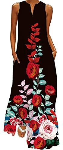 WINKEEY Femme Robe Longue Imprimé Floral Maxi Robe Bohème avec Poches sans Manches Grande Taille, Roses S