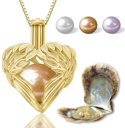 WUNSCHPERLEN Schutzengel Herzkette Gold Damen Schmuck Set - Kette Gold und Muschel mit Perle - 18k Vergoldet 925 Silberkette Damen mit Anhänger und Echte Perle in Muschel - Schmuckset Geschenk für Sie