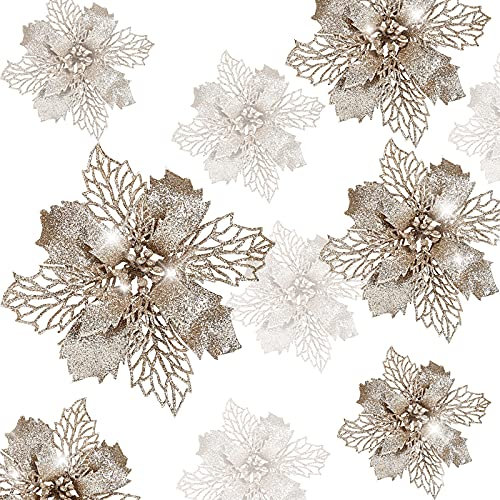 Gwhole 21 Pezzi Fiori per Albero di Natale Champagne Poinsettia Glitter Fiore di Stella Fiore Artificiale Decorazioni Ornamenti Ciodoli e Addobbi per Albero Natalizio e Ghirlande, 9/11/16CM