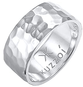 Kuzzoi Herrenring im Hammerschlag Design, Bandring massiv 10 mm breit in 925 Sterling Silber, Silberring gehämmert poliert, Ring für Männer im Biker Look, Ringgröße 66, 0608440221_66
