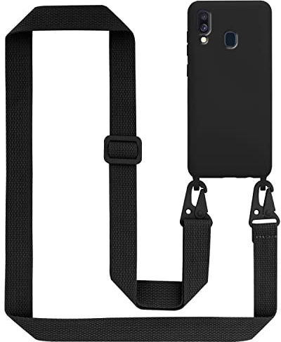 Cadorabo Handykette kompatibel mit Samsung Galaxy A40 Schutzhülle TPU Liquid Silikon Case Necklace mit verstellbarem Band Kordel Band mit Etui Rundumschutz Case Hülle für Galaxy A40 in Schwarz