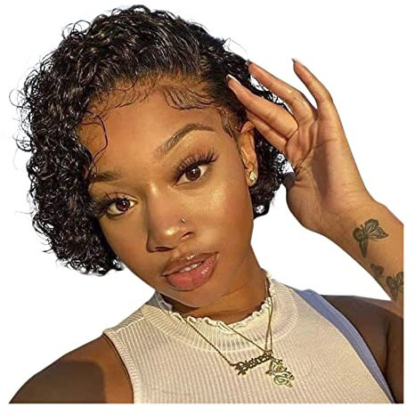 Haarteile Brasilianisches menschliches haar kurz lockige mittlere spitzeperücken for frauen 6 zoll wasser welle 13x1 frei teile transparent spitze frontperücke menschliche haarperücken Perücken