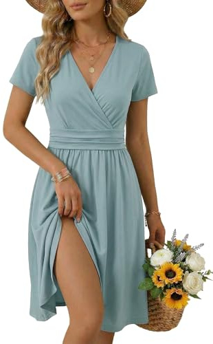 OUGES Women's Summer Short Sleeve V-Neck Floral Casual Ladies Dress with Pockets(Blue,XXL)