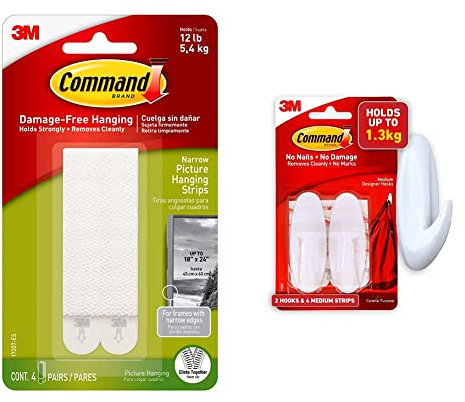 Command Narrow Picture Hanging Strips, Pack of 4 x 2 Adhesive Strips, White - for Pictures, Frames and Wall Décor - Holds up to 5.4 kg & 17081 Damage Free Medium Hooks 2 Pack, White