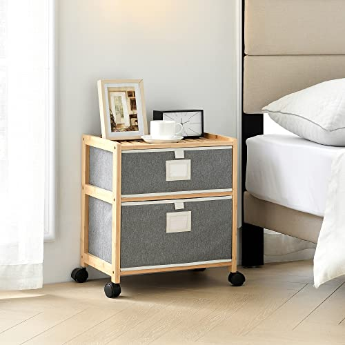 [en.casa] Bambus Beistelltisch Noorliit mit 2 Schubladen Nachttisch mit Stauraum Regal mit Körben rollbar Natur/Grau