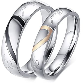 AMDXD Verlobung Ring Mann 4MM/ 5MM, Damenring Edelstahl Real Love Puzzle Herz für Herren & Damen, Silber, Damen Gr.49 (15.6) & Herren Gr.57 (18.1)