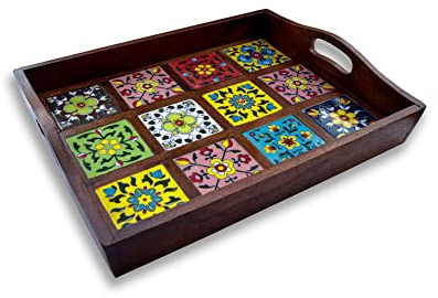 Craft Trade Bandeja de Madera, Bandeja Decorativa de Madera para Servir, Accesorios de Comedor de Madera montados Vintage, Bandeja otomana para Cocina, decoración del hogar, Mesa de Centro de Granja