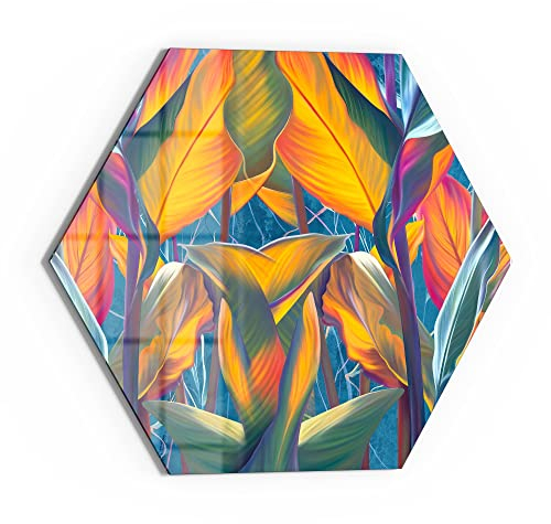 DEQORI Glasbild Echtglas | Motiv Exotisches Blättermeer | sechseckig einteilig 55x47,6 cm | schöne Dekoration | Wandbild für Wohnzimmer, Schlafzimmer, Flur & Küche | moderne Wanddeko