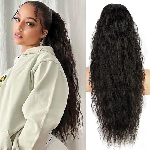 PORSMEER Pferdeschwanz Haarteil Lang 76 cm mit Kordelzug Wellig Locken Ponytail Extension schwarz Natürliches Clip in Haarteil Ponytail Kunsthaar Haarzopf für Damen Afro Zopf Haarverlängerunge