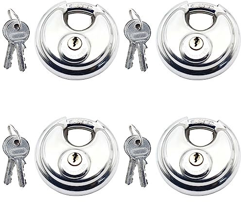 Kemcatui Lot de 4 cadenas à disque blindé avec clé identique, 70 mm de large, en acier inoxydable avec clé, serrure ronde robuste pour unité de rangement, remorque, abri de jardin et garage