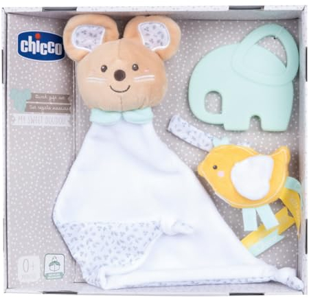 Chicco, Geburts Geschenk Set My Sweet Doudou, Weiche DouDou Schmusedecke, Schnuller aus Velours, Elefanten-Beißring mit Prägung, Geschenkideen für Neugeborene ab 0 Monaten