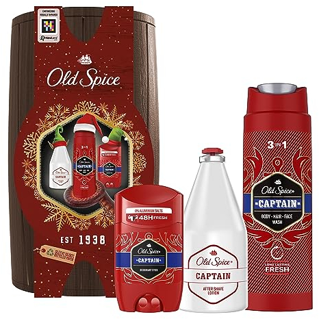 Old Spice Holzfass Geschenkset für Männer mit Captain After Shave Lotion 100ml, Deo Stick 50ml und Duschgel 250ml