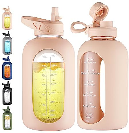 CIVAGO 64 oz Glass Water Bottle Jug with Straw and Handle, Half Gallon Sports Motivational Bottle with Time Marker and 2 Lids, Large Flask Canteen with Silicone Sleeve for Gym, Beige