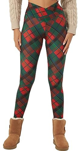sissycos Weihnachten Crossover Leggings für Damen, 3D Druck Bunte Leggings Comic Damen Yoga Fitness Hosen Damen Drucken Sporthose, Leggings für Party(Weihnachten Tartan Plaid,XL)