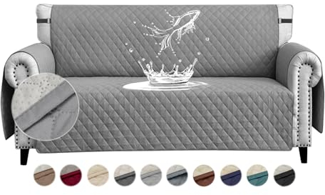 FIGOOO wasserdichte Sofabezug 2 Sitzer Dicke Sofaschoner Wasserdicht Gesteppte Sofa Überzug mit Seitentaschen Sofaüberwurf rutschfest Kratzfest für Haustiere Hunde Katzen,Blassgrau