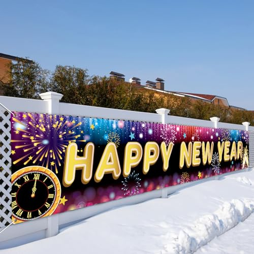 LAMEK 2025 Neujahr Banner Extra Lange Silvesterparty Banner Happy New Year Partysbanner Schwarz Gold Silvester Deko Drinnen Draußen Neujahrsdeko für Garten Wand Tür