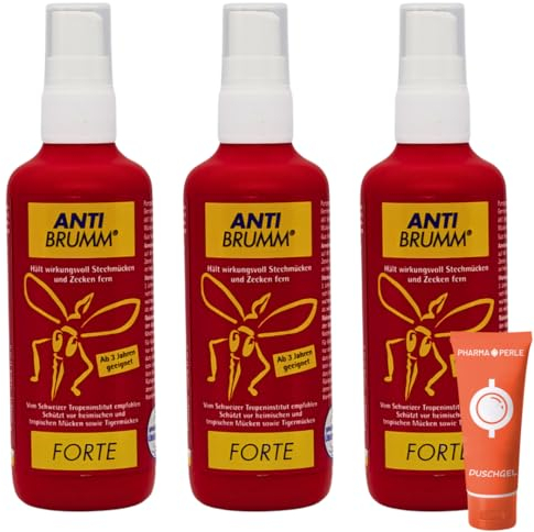 Anti Brumm Forte Pumpspray 3x 150 ml I Insekten-Repellent I effektiver Schutz gegen Mücken und Zecken I DEET I Für Fernreisen, Tropen I Spar-Set plus Pharma Perle give-away