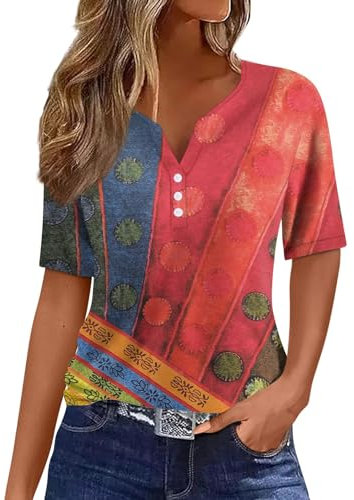 Vente Flash du Jour Et Soldes,Tenue De Sport Femme VêTements De Sport pour Femme Chemisiers Et Blouses T-Shirts à Manches Courtes Imprimé Bouton Col en V Haut Régulier Blouse(Red,M)