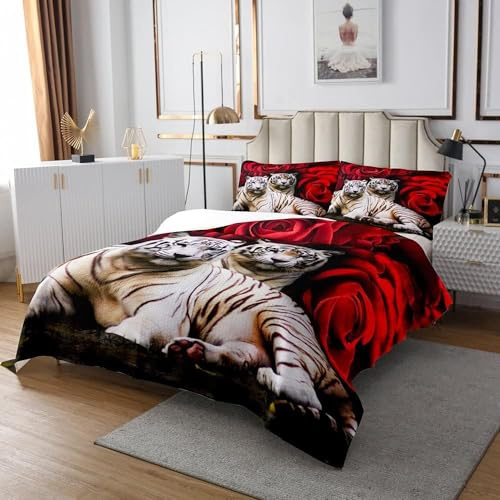 Homewish Tagesdecke Tiger, für 2 Personen, 240 x 220 cm – Überwurf, rote Rose, für Jungen und Mädchen, afrikanische Tiere, Safari, romantisch, Blumengarten