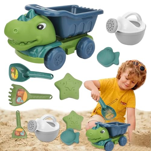 Sandspielzeug Set, Dinosaurier Sandspielzeug mit Muldenkipper, Gießkanne, Schaufel und Rechen, Netzbeutel, Tiersandformen, Sandburg für Sandkasten Camping Jungen Mädchen 3 4 5 6 7 8 Jahre (A)