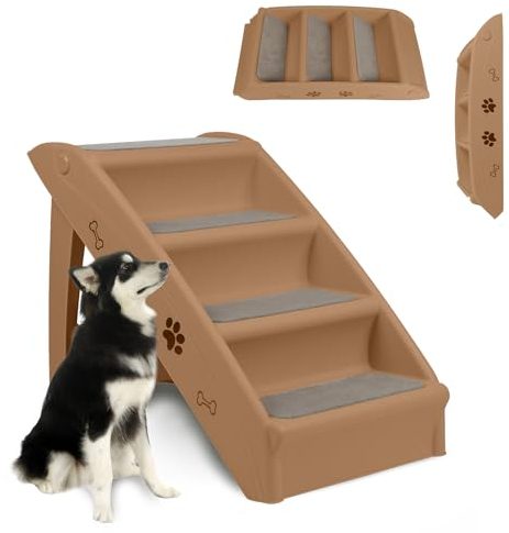 ORHEYA Hundetreppe für Kleine Hunde, Haustiertreppe 4 Stufen Katzentreppe für Alte Katzen, Kunststoff Faltbare Hundetreppe für Bett 50cm Hoch, Belastbarkeit bis zu 75kg Braun