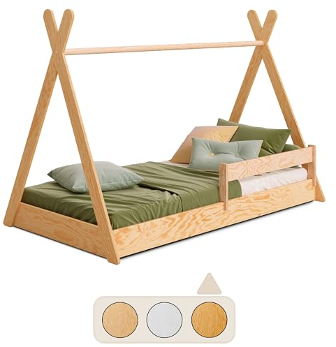 smartwood Tipi F Kinderbett 80x160 mit Lattenrost und Rausfallschutz - Montessori Hausbett für Jungen und Mädchen - Holz Bodenbett mit Rausfallschutz und Lattenrost - 160x80 - Lackiert
