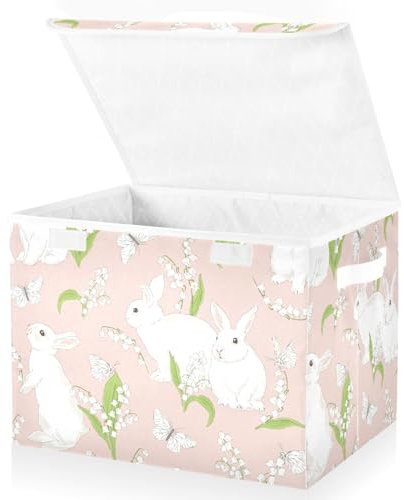 Mnsruu Storage Boxes with Lids, Cute Bunny Bloomy Lilies Large Storage Basket Organizer Shelves Cube Bin Toy Clothes Underbed