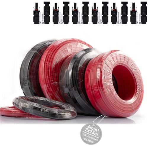 TÜV-Zertifiziert 4mm² 2x25m (Schwarz+Rot) Profi Verlängerungskabel Kupferkabel 11AWG 1800V Solar Kabel Verlängerung Solarleitung beidseitig für Photovoltaik Solaranlage Solarpanel inkl IP67 Stecker