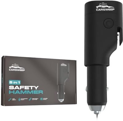CarSweep® Notfallhammer - 5in1 - Rettungshammer - Safety Hammer - Autohammer - Sicherheitsgurtschneider - Powerbank - Taschenlampe - USB-Anschluss