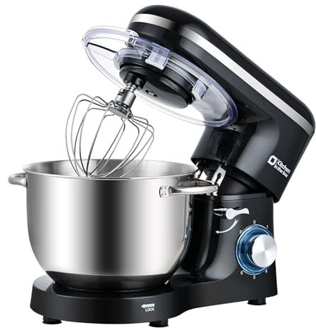Kitchen in the box Robot Pâtissier 1400W, Bol 6,2L en Acier Inoxydable, 6 Vitesses, Fouet, Crochet et Batteur Inclus, Idéal pour Pâtisserie et Boulangerie (Noir)