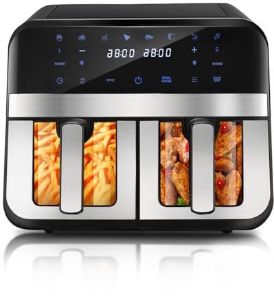 9L Dual Air Fryer with Visual Window, XL Capacity double air fryer, 2 Drawers, 8-In-1 Cooking Presets, Smart Touch Screen, Timer Function, Dishwasher-Safe, Healthy Oil Free & Low Fat Cooking.