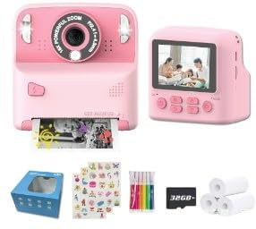 Macchina Fotografica Bambini Istantanea, GuKKK 2,4 Pollici 1080P Fotocamera Bambini Selfie, Fotocamera Digitale Bambini con 32GB Scheda e Carta Fotografica, Regali di Natale da 3-12 Anni (Rosa)