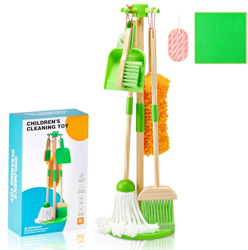 Montessori Wooden Cleaning Set for Toddlers, Cleaning Toys with Mop and Broom for Kids, Gift Set for Boys and Girls Ages 3+