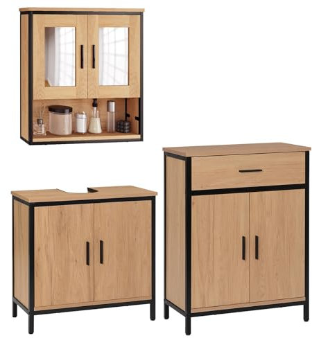 EUGAD Ensemble de Meubles de Salle de Bain,Armoire de Salle de Bain avec Miroir, Tablette Réglable, Meuble sous Lavabo, Métal Noir Placard avec 4 Tiroirs Étagés, Meuble Colonne sur Pied