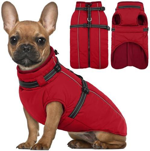 Lelepet Hundemantel für den Winter, Warme Hundejacke mit integriertem Geschirr, Winddicht Mantel mit Fleece Gefüttert für Hunde, Reflektierende Hundeweste für Kaltes Wetter, Rot XS