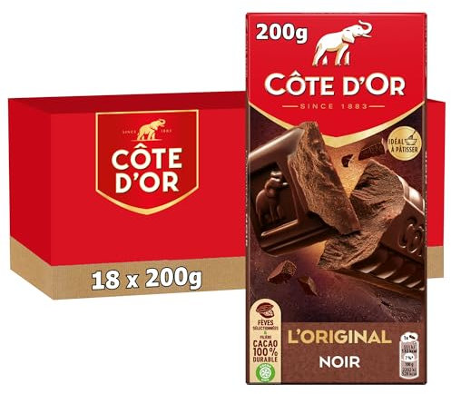 CÔTE D'OR - 18 Tablettes de Chocolat Noir Côte d'Or L'Original 200g - Chocolat Noir - Lot de Tablettes de Choco Noir - Idéal à Pâtisser - Lot de 18x200g