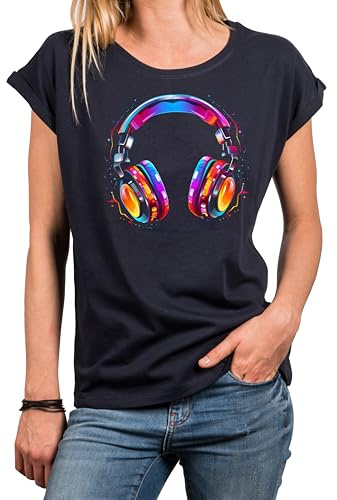 MAKAYA Damen Shirt mit Kopfhörer Aufdruck Musik Motiv Hip Hop Frauen Top mit Print