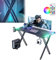 UISEBRT 140 x 60 x 73 cm X-Frame - Escritorio para videojuegos con LED, escritorio para ordenador con soporte para bebidas y auriculares, gancho de superficie de fibra de carbono, mesa ergonómica para