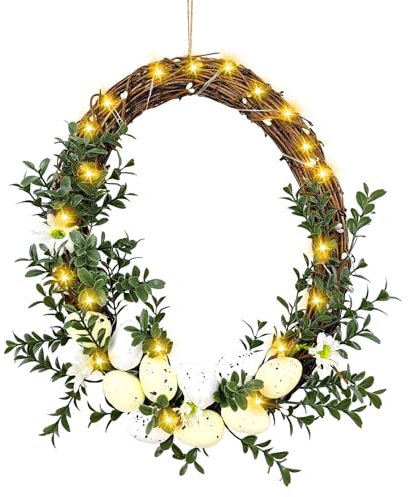 Skeadex Türkranz Ostern,Osterkranz Haustür LED Kranz Türkränze mit Eiern Künstliche Osterkranz Tür Hanged Osterdeko Tür Osterei Kranz mit LED Licht Türkranz Frühling für Haustür Wand Torbogen (01)